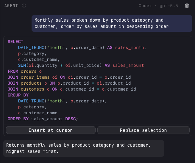 An AI Agent reply: the user message 'Monthly sales broken down by product category and customer, order by sales amount in descending order', a syntax-highlighted SELECT query with Insert at cursor and Replace selection buttons, and a closing note 'Returns monthly sales by product category and customer, highest sales first.'