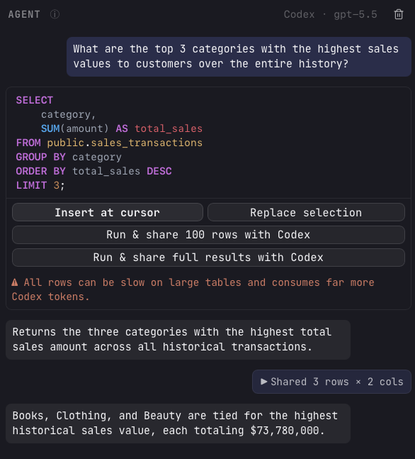 An AI Agent turn with a SQL block, the Run & share 100 rows and Run & share full results buttons with the token warning, a collapsed 'Shared 3 rows × 2 cols' card, and the agent's final answer naming the top categories