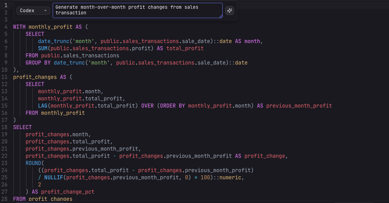 Arris AI assistant generating a month-over-month profit SQL query from a natural-language prompt