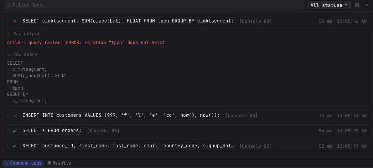 The Arris Command Logs panel listing recent SQL runs newest-first, with a failed query expanded to show its raw output error and raw query, plus a filter box and status dropdown