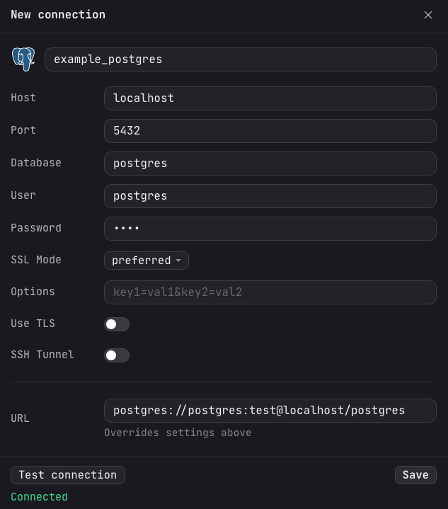 The Arris New connection form for a Postgres database with Host, Port, Database, User, Password, SSL Mode, Options, SSH Tunnel, and URL fields, plus a Test connection button showing a green Connected status