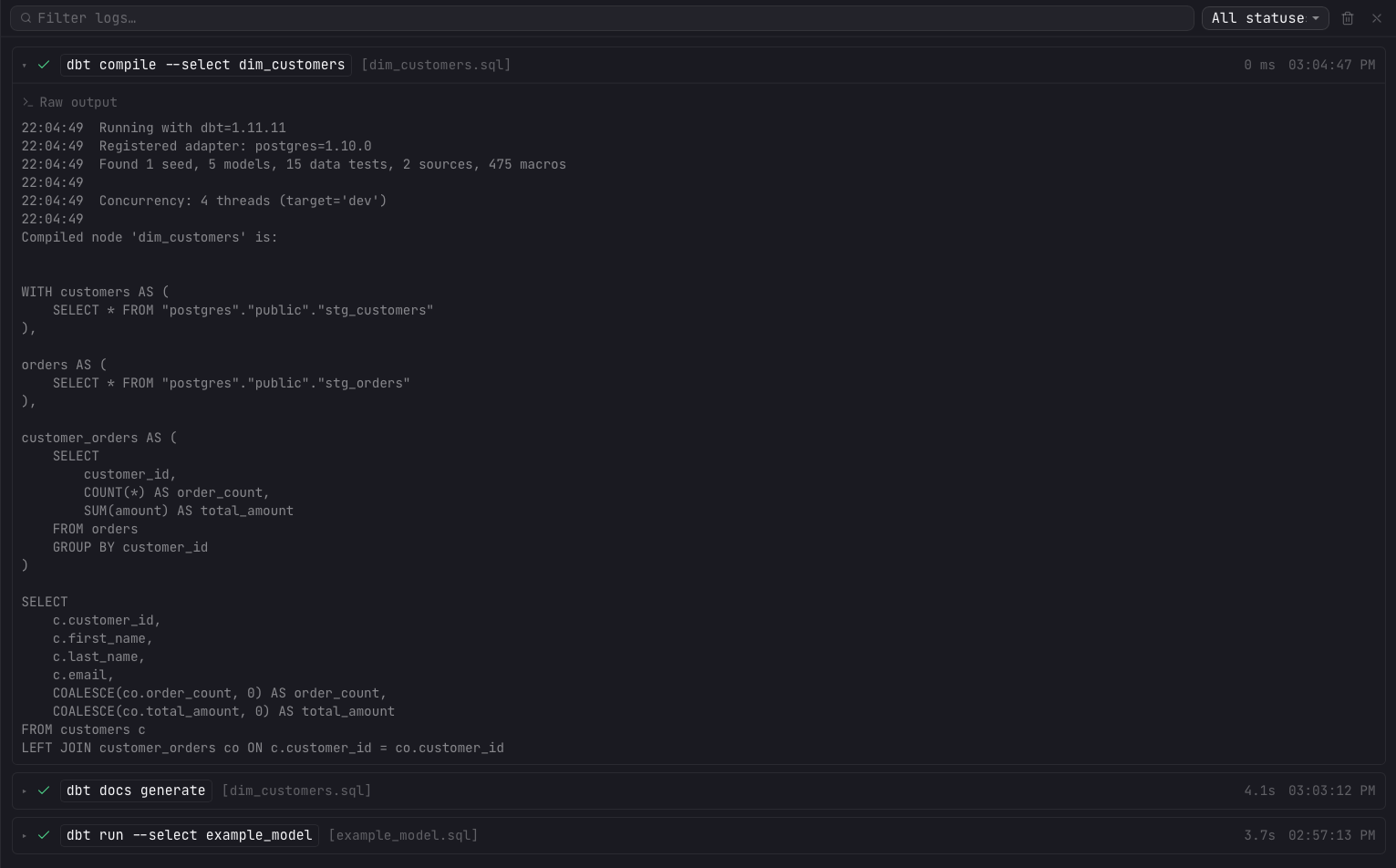 The Command logs panel with a filter box and status filter, a dbt compile entry expanded to show its raw output, and dbt docs generate and dbt run entries below with their durations and timestamps
