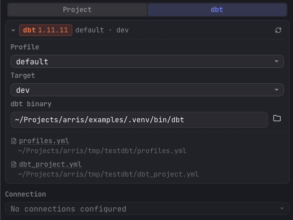 The expanded dbt config card showing the dbt version badge, profile · target summary, Profile and Target dropdowns, the dbt binary path, profiles.yml and dbt_project.yml shortcuts, and the Connection picker