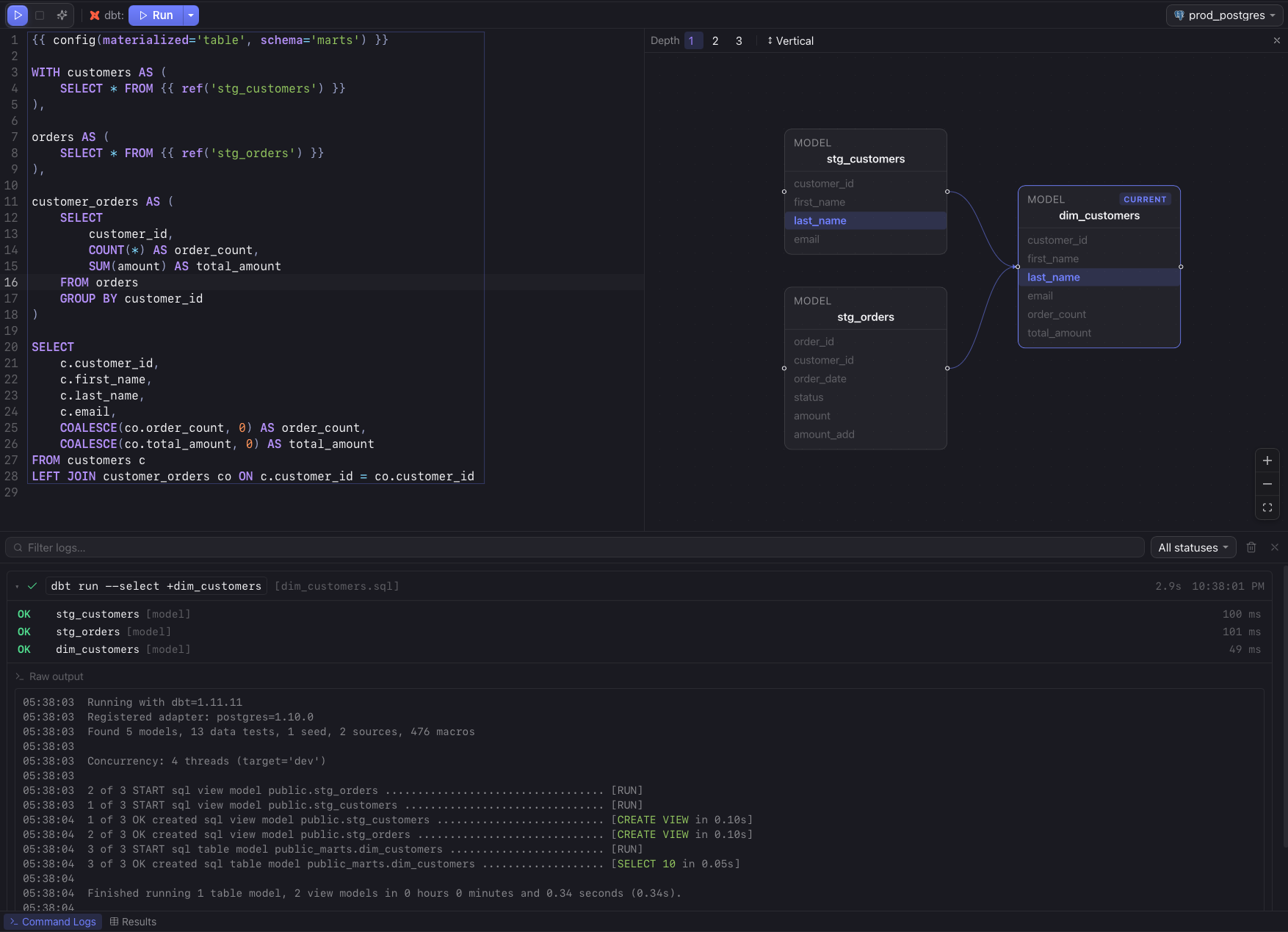Arris running a dbt model with column-level lineage and run logs