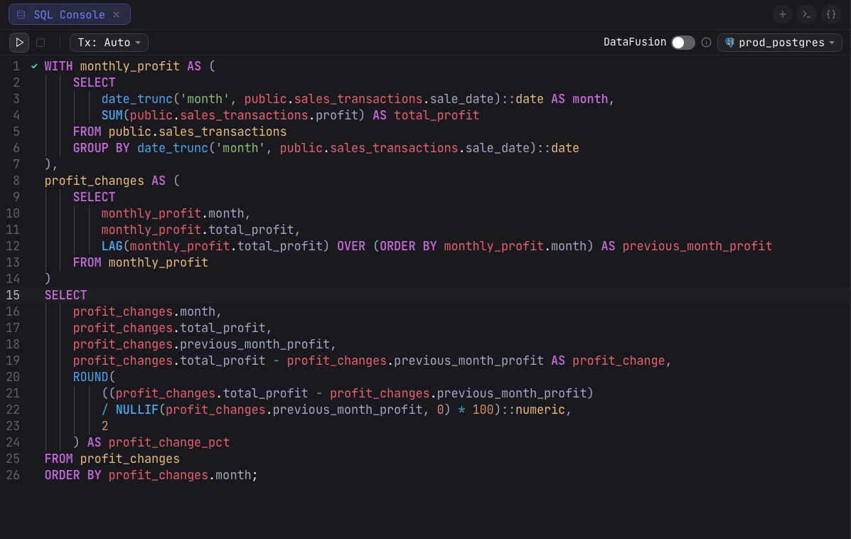 The Arris SQL Console tab with a multi-line Postgres query using CTEs, date_trunc, SUM, and a LAG window function, syntax-highlighted by identifier role, bound to the prod_postgres connection in Auto transaction mode