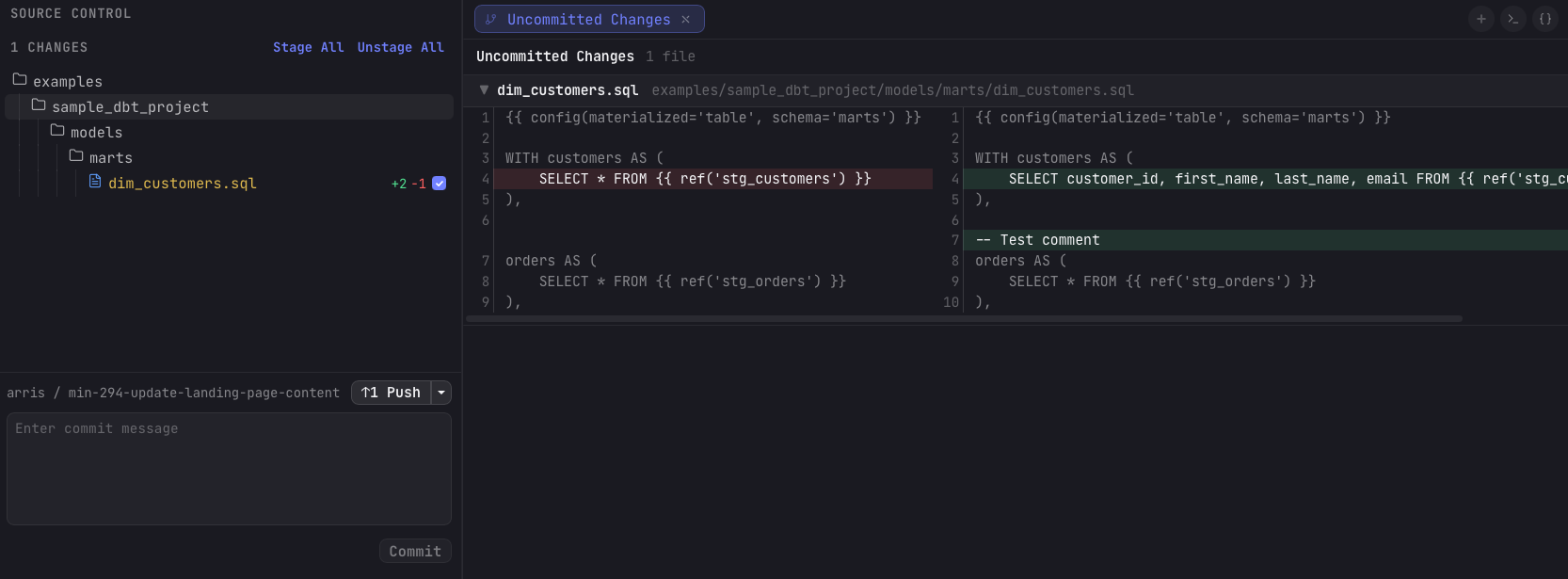 The Arris Git changes pane on the left with a changed file, Stage All / Unstage All, a Push button and commit box, next to a side-by-side diff of the selected file in the main area