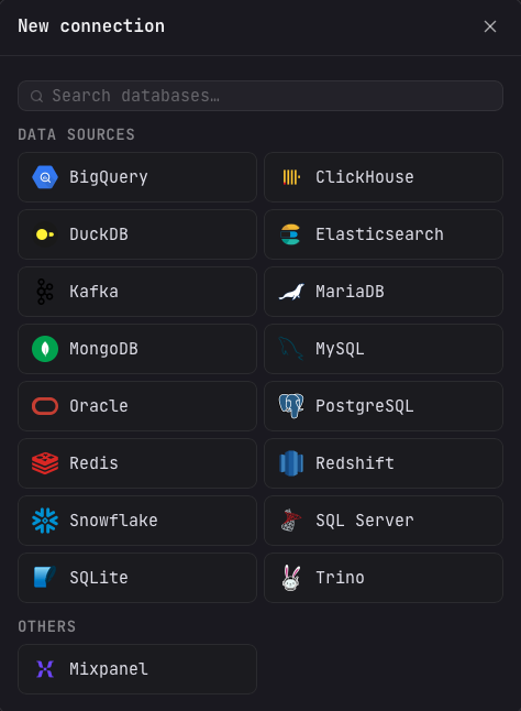 The Arris New connection dialog showing a database search box and a grid of data sources including BigQuery, ClickHouse, DuckDB, Postgres, Snowflake, and more