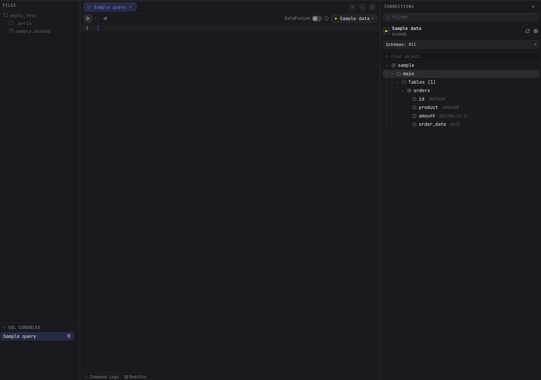 The Arris SQL editor with the Sample data DuckDB connection expanded, showing the orders table columns id, product, amount, and order_date