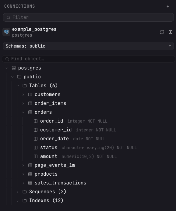 The Arris Connections sidebar showing the example_postgres schema tree expanded: postgres database, public schema, a Tables folder with customers, order_items, orders (with its order_id, customer_id, order_date, status, and amount columns and types), page_events_1m, products, and sales_transactions, plus Sequences and Indexes folders