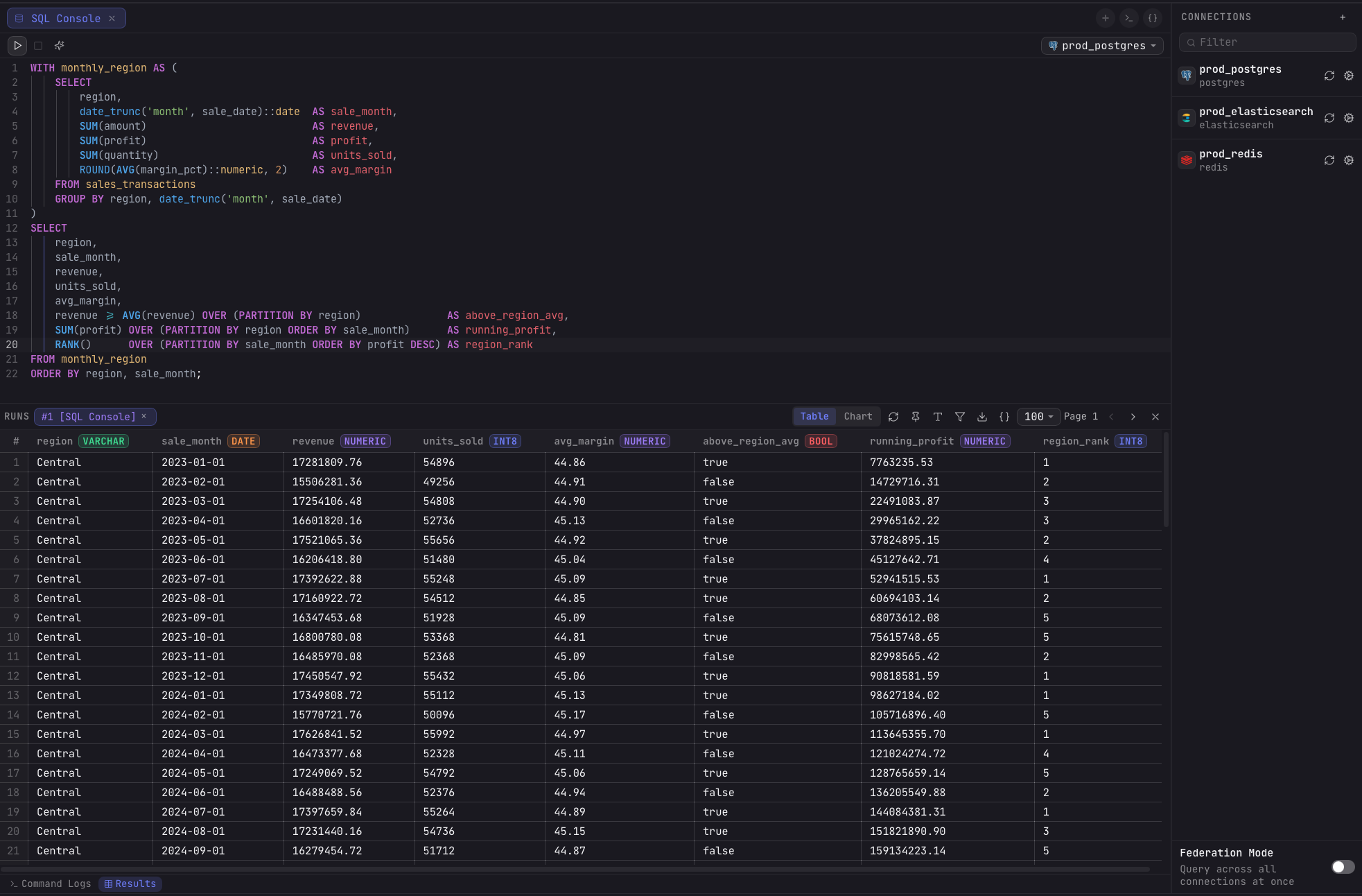 Arris SQL editor running a windowed CTE query against Postgres with results and the connections browser