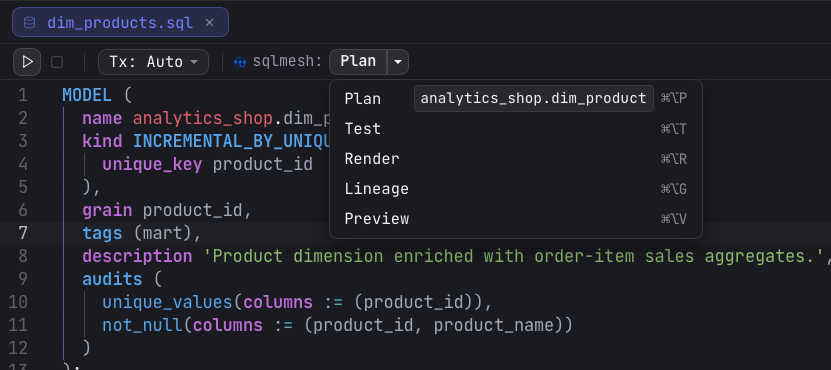The editor toolbar for a SQLMesh model showing the sqlmesh: split-button set to Plan, with the dropdown open listing Plan, Test, Render, Lineage, and Preview alongside their keyboard shortcuts