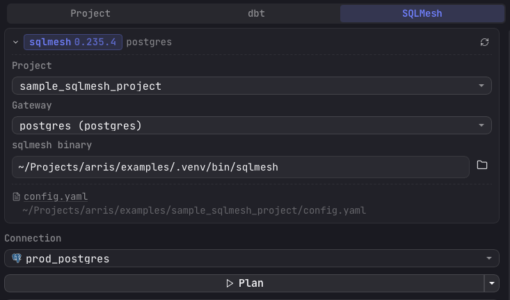 The SQLMesh config pane expanded, showing the sqlmesh 0.235.4 badge with the postgres gateway, the Project, Gateway, and sqlmesh binary fields, a config.yaml shortcut, the Connection picker (prod_postgres), and a Plan run button at the bottom