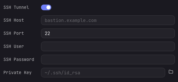 The Arris SSH Tunnel section of the connection form with an enabled SSH Tunnel toggle and SSH Host, SSH Port, SSH User, SSH Password, and Private Key fields