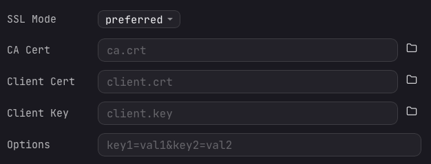 The Arris SSL section of the connection form with an SSL Mode dropdown set to preferred, and CA Cert, Client Cert, Client Key, and Options fields