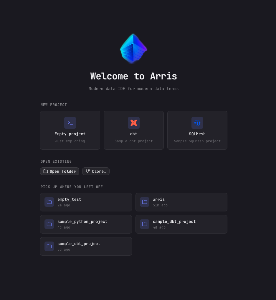 The Arris Welcome screen with Empty project, dbt, and SQLMesh options under New project